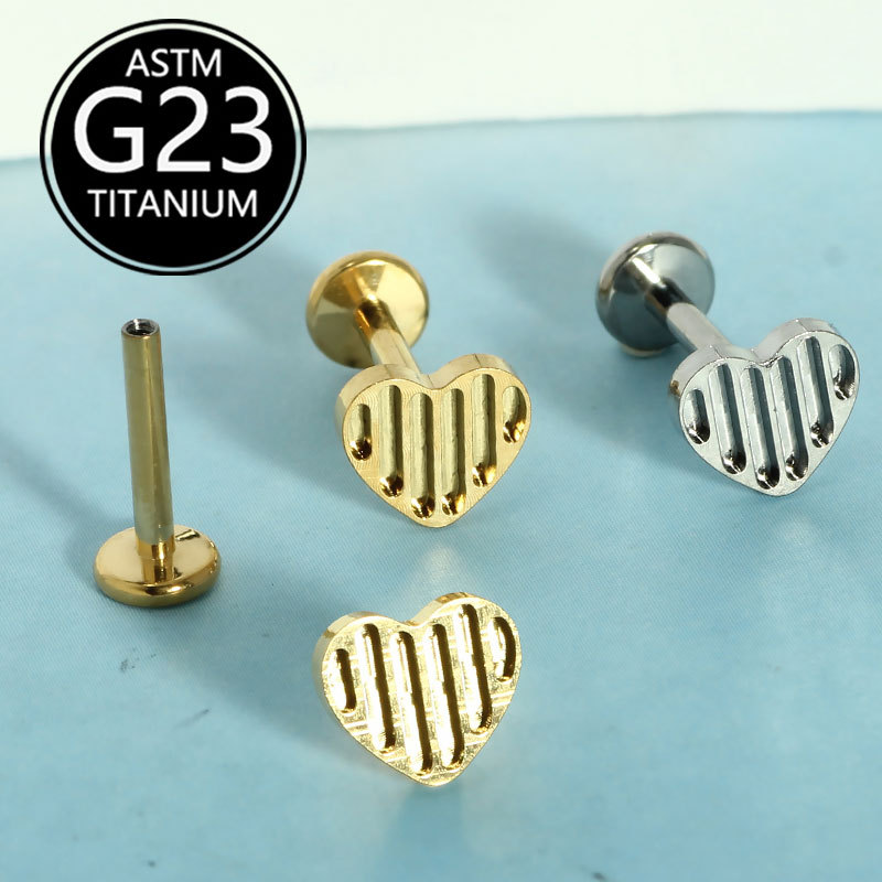 G23 Titanium Alloy Heart-Shaped Lip Piercing Labret Stud Internally Threaded CZ Gem detail image 3