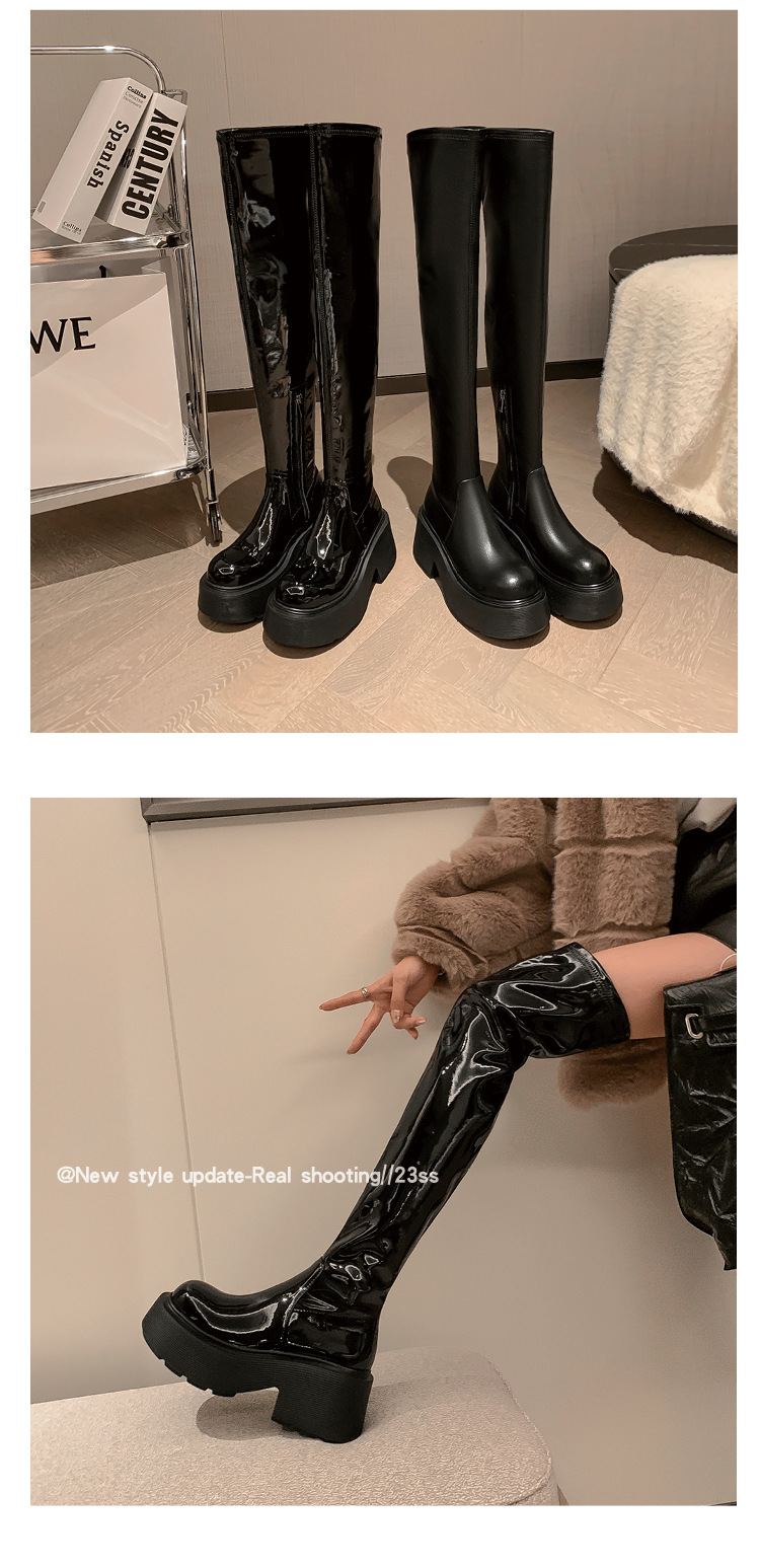 Boot nữ cổ cao ôm chân đế xuồng gót 9 cm — Lớp lót bằng da sáng chế màu đen chi tiết 7