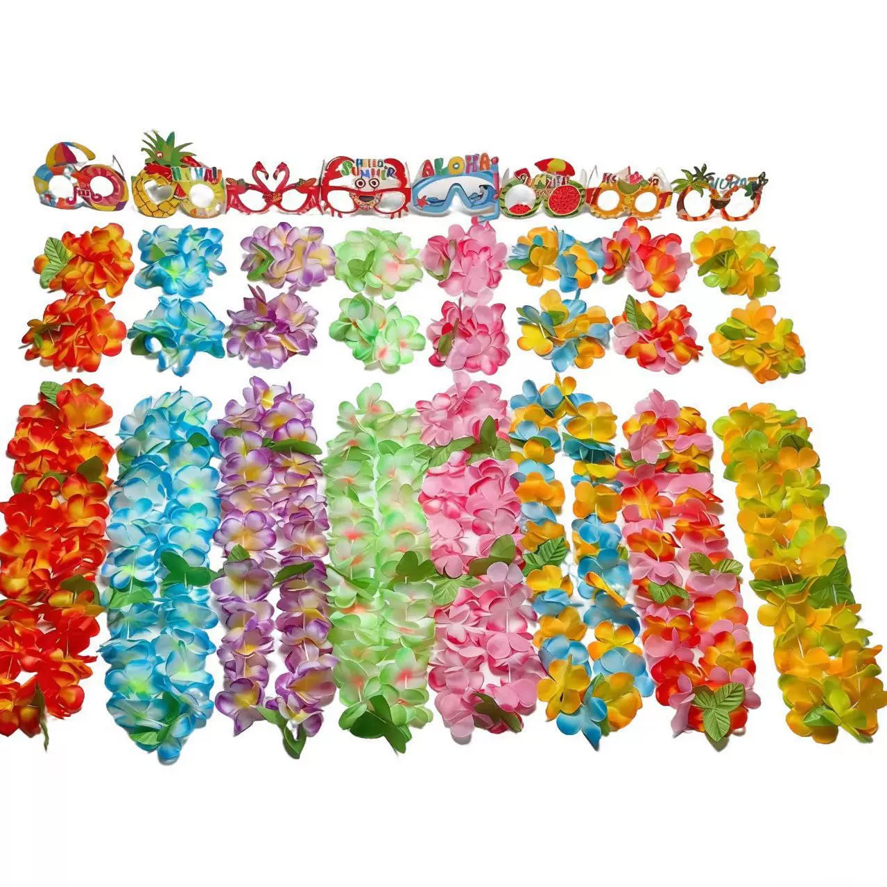 跨境批发夏威夷彩色花环颈环手环眼镜夏威夷海边度假派对花环套装