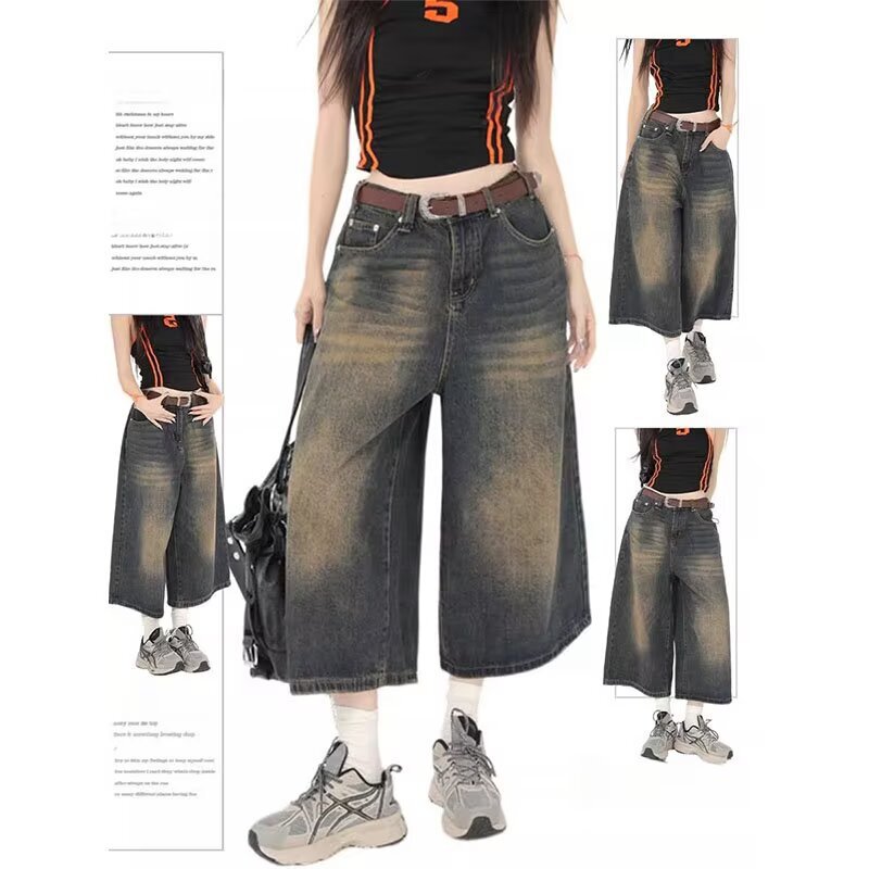 Retro Wide-Leg Cropped Jeans for Women, Loose Summer New Slim Straight Washed Denim Mid-Pants for Men and Women Shorts