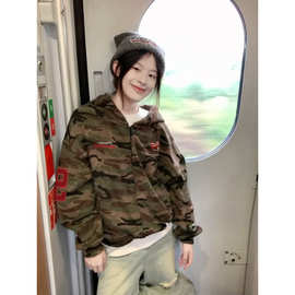 UNLG美式复古水洗迷彩刺绣连帽卫衣外套男秋冬季宽松休闲帽衫夹克