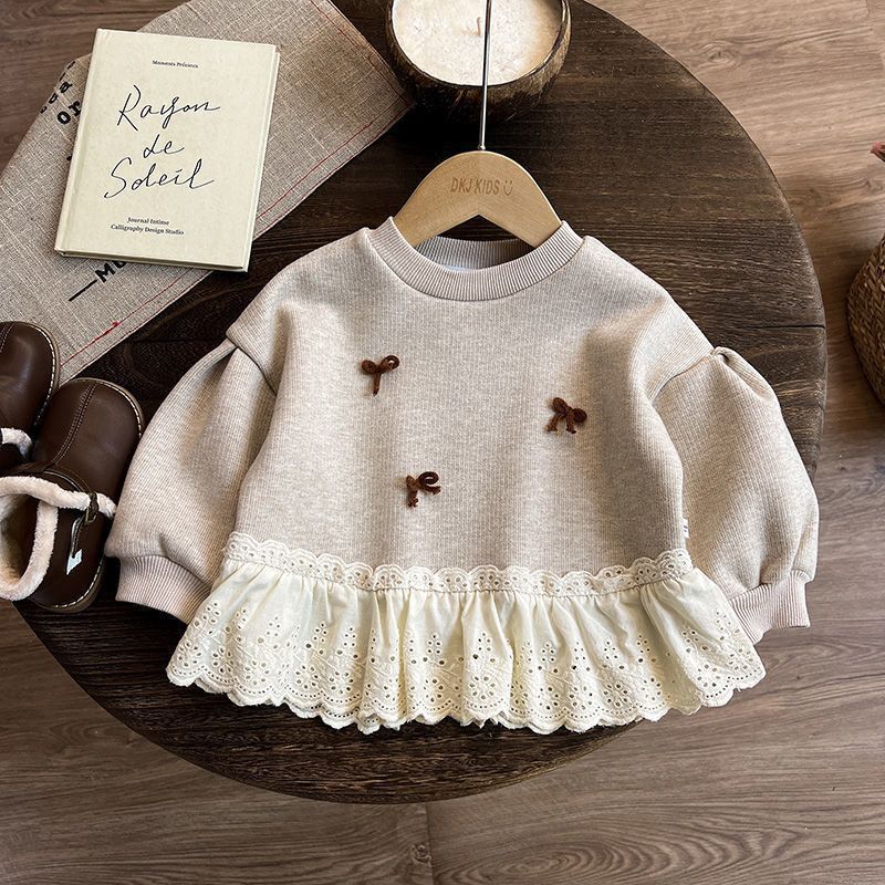 Girls' Bow-trimmed Sweatshirt with Mori Girl Style, Cute and Fresh, Lotus Flower Fleece Lined Style, New Autumn/Winter Fashion