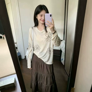 慵懒风花朵印花防晒长袖T恤女早秋薄款设计感宽松显瘦罩衫上衣潮
