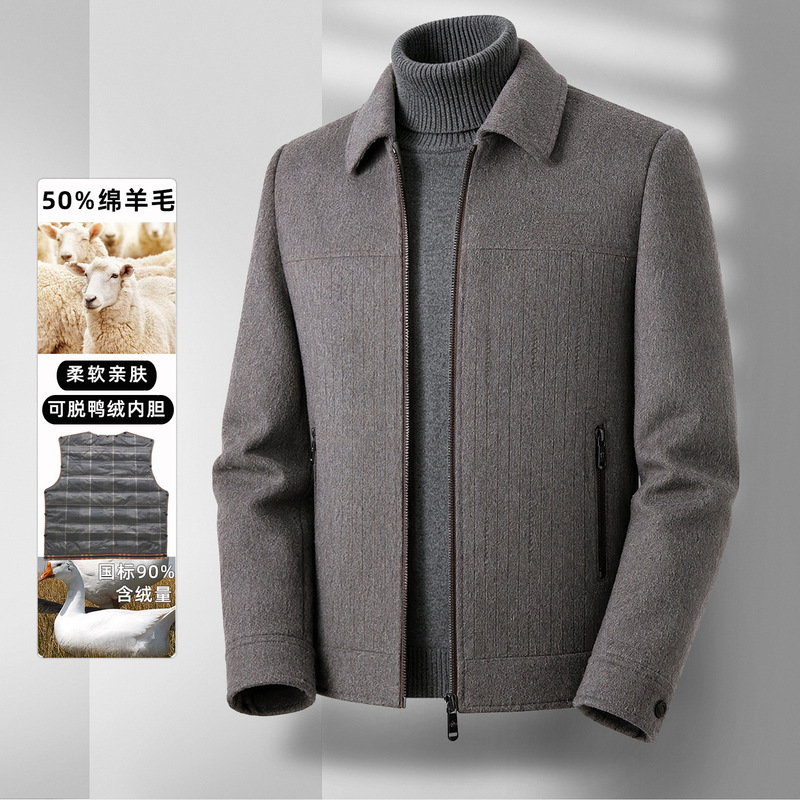 Men's Wool Jacket 2026 Autumn/Winter, Turn-down Collar, Zipper, Down Lining, Casual, for Middle-aged and Elderly, Double-sided Wool Coat
