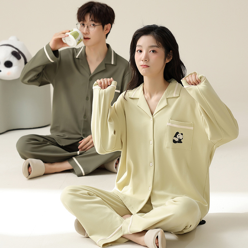 [100% cotton] couple pajamas spring and autumn cotton long-sleeved cardigan thin youth women's home wear suit