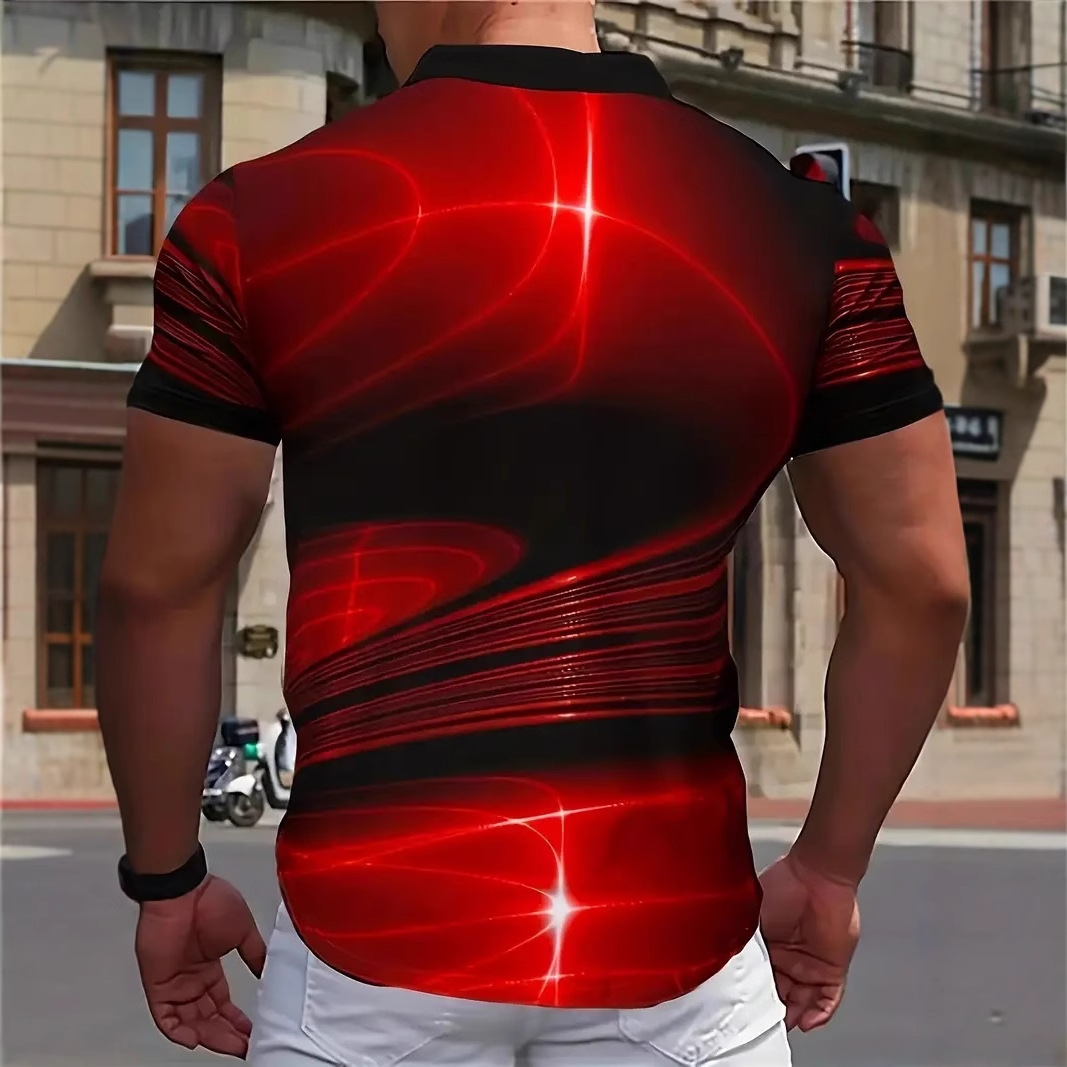 Clásico negro y rojo color degradado halo estampado 3D hombre negocio suelto ojo tela transpirable manga corta cremallera camisa POLO