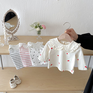 Baby and Young Children's Lace Doll Collar Striped Printed Long Sleeve T-Shirt Baby Girl's Base Shirt Children's Wear Spring and Autumn Korean Style
