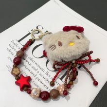圣诞红色KT链条毛绒猫咪手工串珠手机链秋冬饰品包包钥匙扣挂件新
