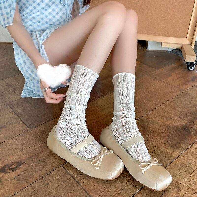 Spring and summer pure striped white lace calf socks mesh jk pile socks children sweet ultra-thin breathable Lolita Spring and summer pure striped white lace calf socks mesh jk pile socks children sweet ultra-thin breathable Lolita