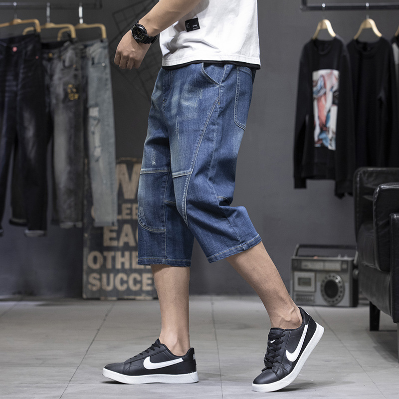 Can Be Shipped on Behalf of You: Men's Denim Capri Pants, Sizes 28-44, Elastic Loose Fit, Large Size, Patchwork 7/8 Length Shorts