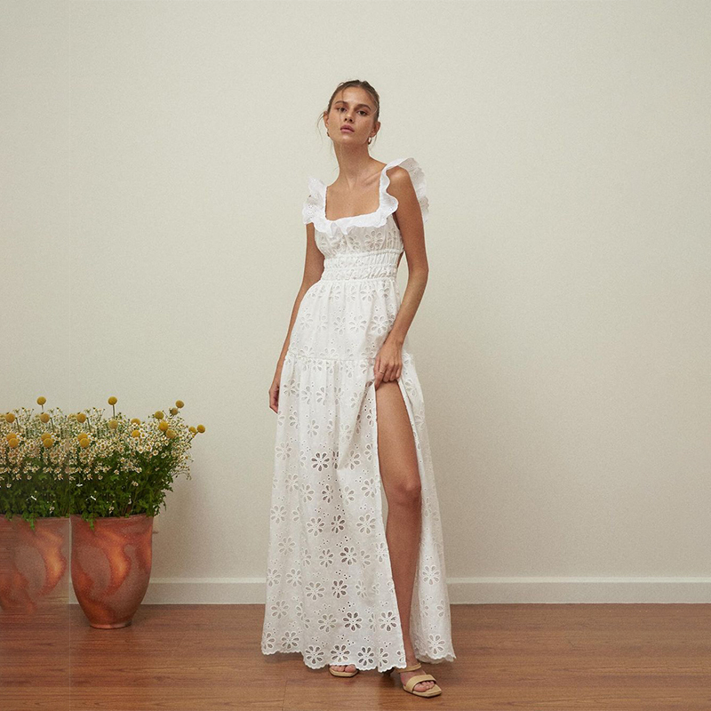 Sanya Niche Romantic Ruffled Square-Neck Embroidered Dress French Resort Style Backless Slit Fairy Long Dress Sanya Niche Romantic Ruffled Square-Neck Embroidered Dress French Resort Style Backless Slit Fairy Long Dress