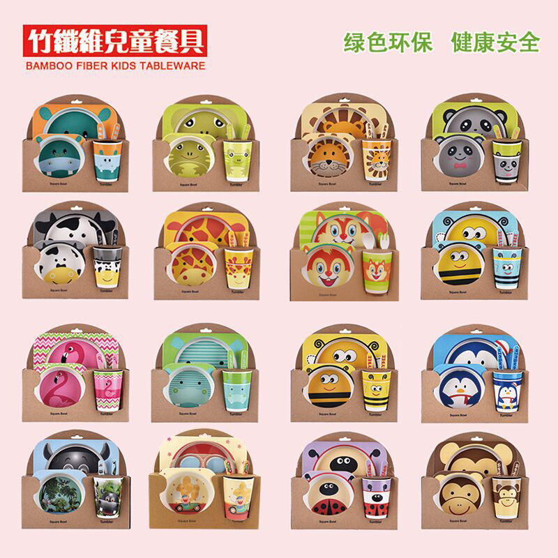 Bamboo fiber children's tableware set cartoon cute plate spoon Fork Cup plate baby complementary bowl spot wholesale