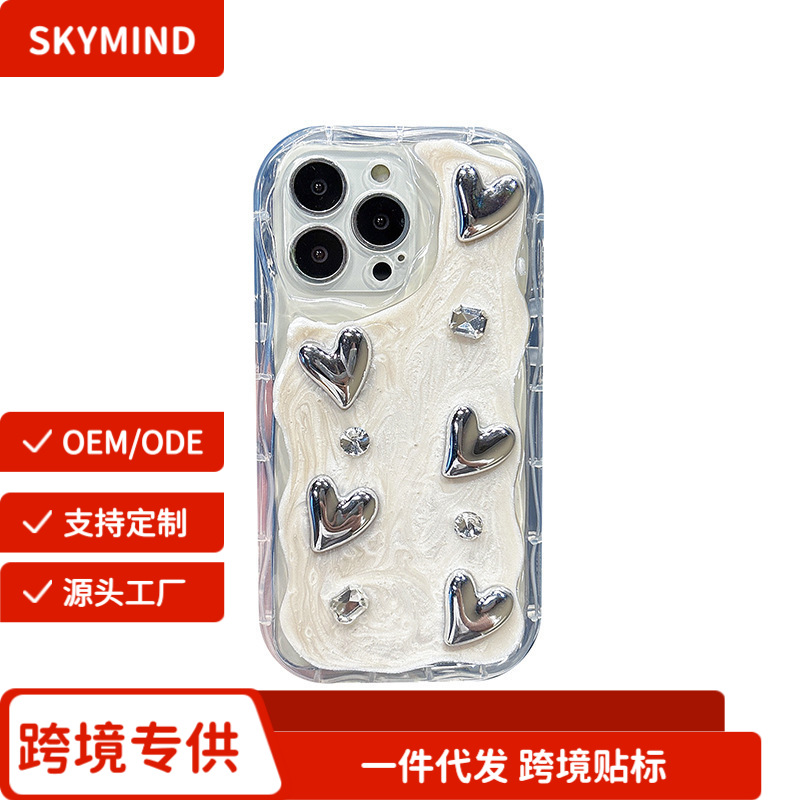 Precision Hole Silicone Mobile Phone Case Suitable for Apple 15 Promax Rhinestone iPhone 16 Electroplated Heart 14 Bow 13
