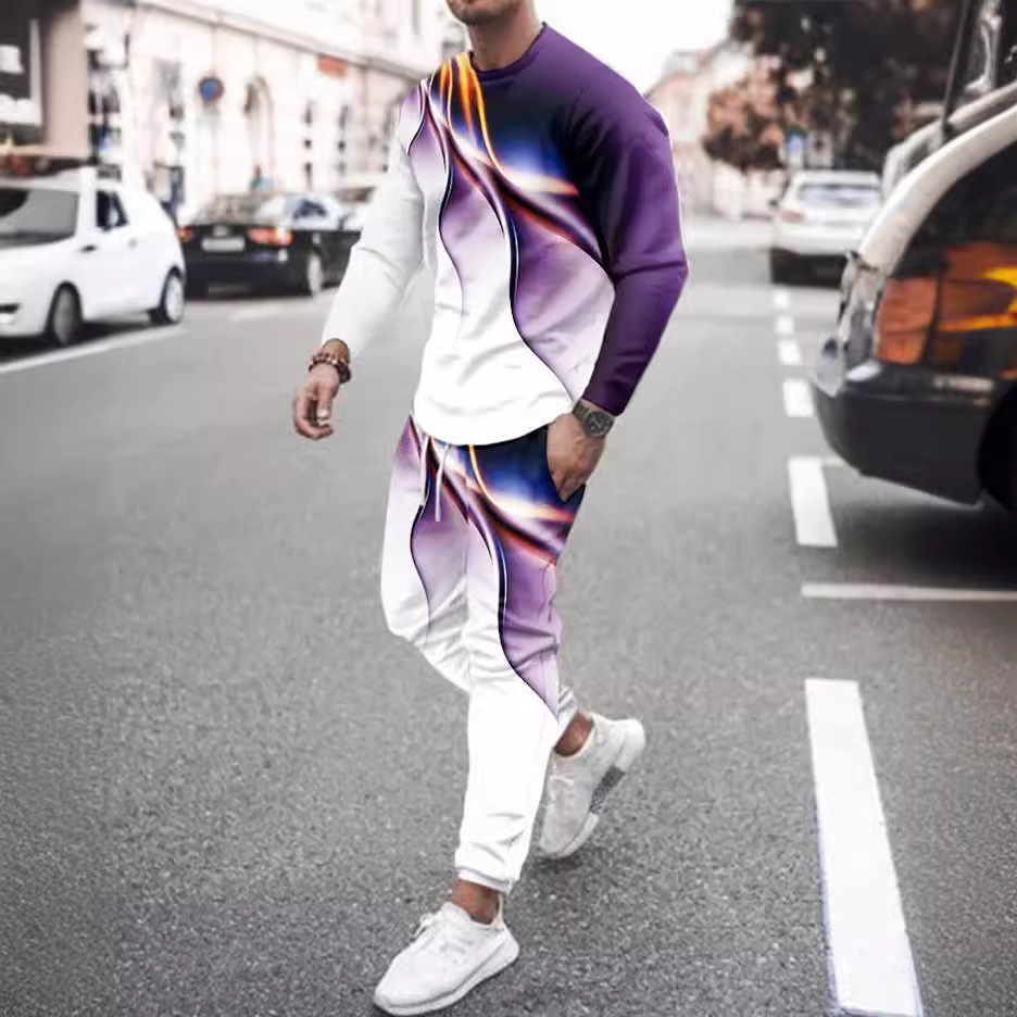 Cross-border European and American Spring and Autumn Fashion Urban Leisure New Gradient Printed Pullover Crewneck Long Sleeve Trousers suit