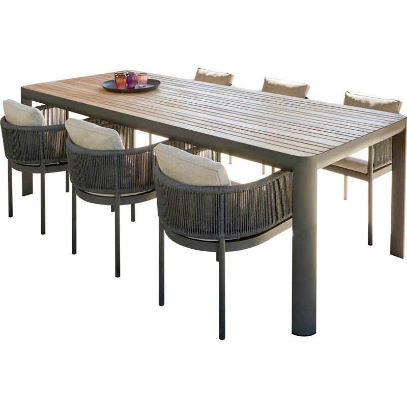 Mesas y sillas para exteriores, balcón con patio, protección solar y muebles de ratán impermeables para ocio, conjunto de mesa larga para terraza de jardín al aire libre image 5