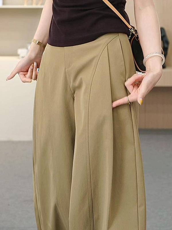 西装裤潮流侧压褶阔腿裤秋季新款宽松卡其色时尚女直筒裤子A6493|undefined
