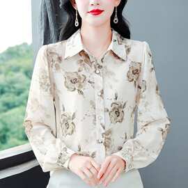 高端印花真丝雪纺衬衫女春秋季新款大码胖mm显瘦上衣妈妈通勤衬衣