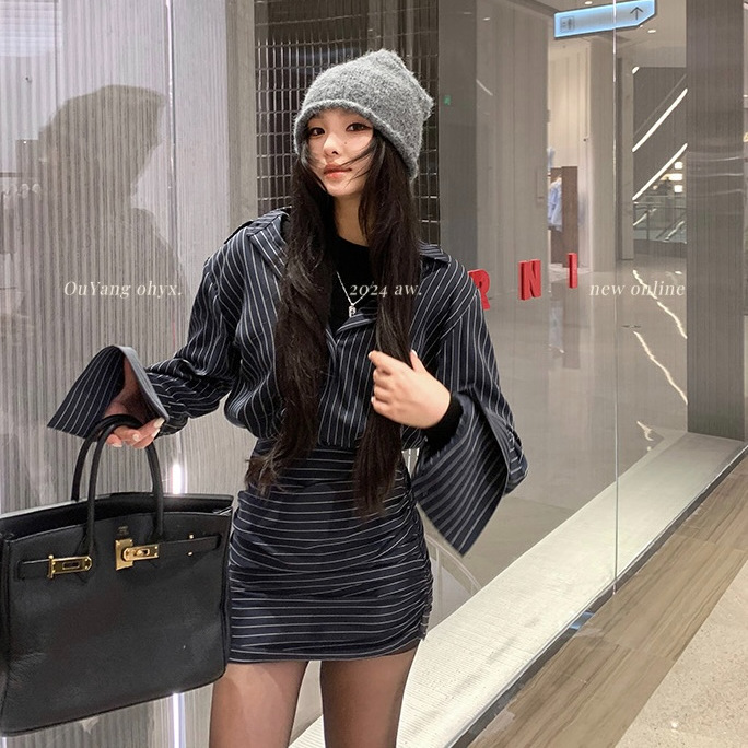 条纹长袖衬衫连衣裙女春季新款收腰修身显瘦复古包臀裙子香云纱|undefined