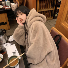 秋冬季加绒加厚连帽羊羔毛外套女棉袄宽松毛绒棉衣毛茸茸保暖棉服