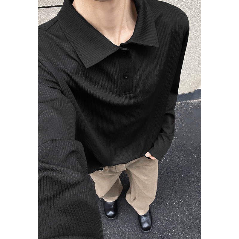 Wrinkled Texture White Polo Shirt For Men, Long-sleeved, New Spring Style, Solid Color, Simple Base Shirt, Large Size,_voghion.com