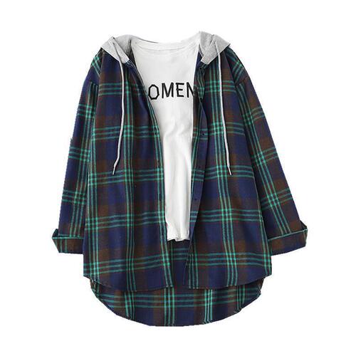Spring, Summer, Autumn Women's Grid Shirt Retro Hong Kong Style Ins Loose Hooded Sweatshirt Outerwear Shirt