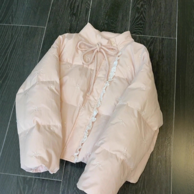 蕾丝拼接棉服外套女2025年新款冬季韩系感粉色蝴蝶结系带棉衣|undefined