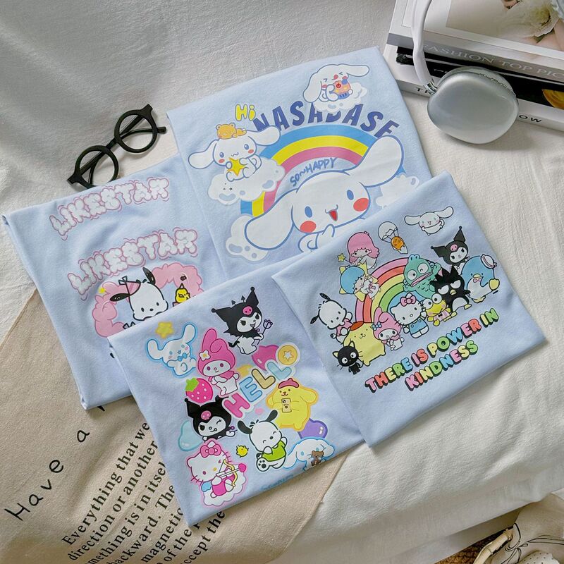 Children's Printed Short-Sleeved T-Shirt Sanrio Pure Cotton T-Shirt Kuromi Girls Half-Sleeved Tops Medium and Large Kidsren's Round Neck T-Shirt Children's Printed Short-Sleeved T-Shirt Sanrio Pure Cotton T-Shirt Kuromi Girls Half-Sleeved Tops Medium and Large Kidsren's Round Neck T-Shirt