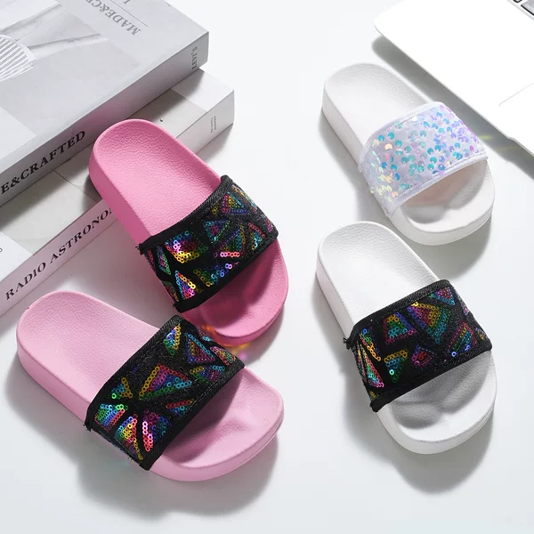 Girls' Four Seasons Sandals Summer New Children's Shoes Little Girl's Casual Slippers Soft Bottom Non-Slip Sequin Beach Shoes