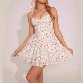 2026外贸欧美女装夏季新款碎花V领吊带裙鱼骨束腰显瘦A字大摆短裙