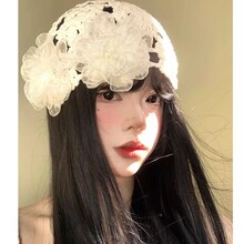 2026新款法式蕾丝花朵镂空包头帽薄款显脸小百搭针织套头帽代发