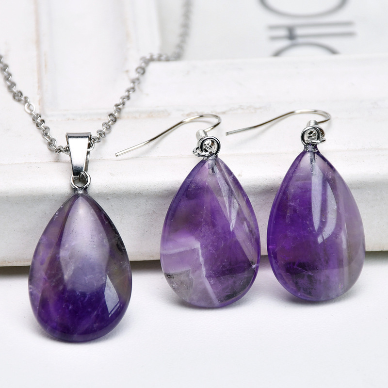 Casual Natural Stone Powder Crystal Necklace Earrings Set Drop-Shaped Amethyst Earrings Tiger Eye Stone Pendant Clavicle Chain