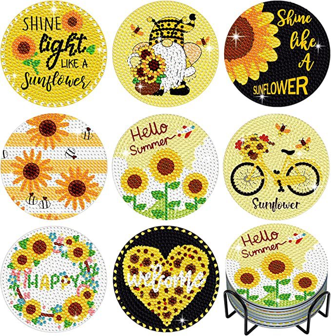 Foreign trade hot DIY sunflower coaster 8 piece set diamond painting coaster decoration with bracket Diamond painting crafts