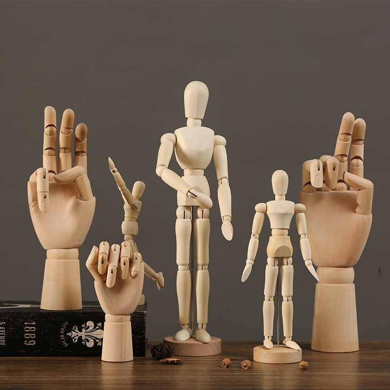 thumbnail image 1 of Modelo de mano humana de madera articulada simple, modelo de títere móvil, exhibición de bocetos para niños, pintura artística, adornos de madera, 1 of 5