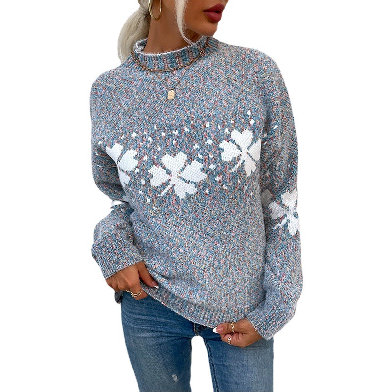 Mao mao yu 2023 otoño e invierno nuevo suéter de navidad europeo y americano de las mujeres casual comercio exterior de las mujeres medio cuello alto suéter de copo de nieve