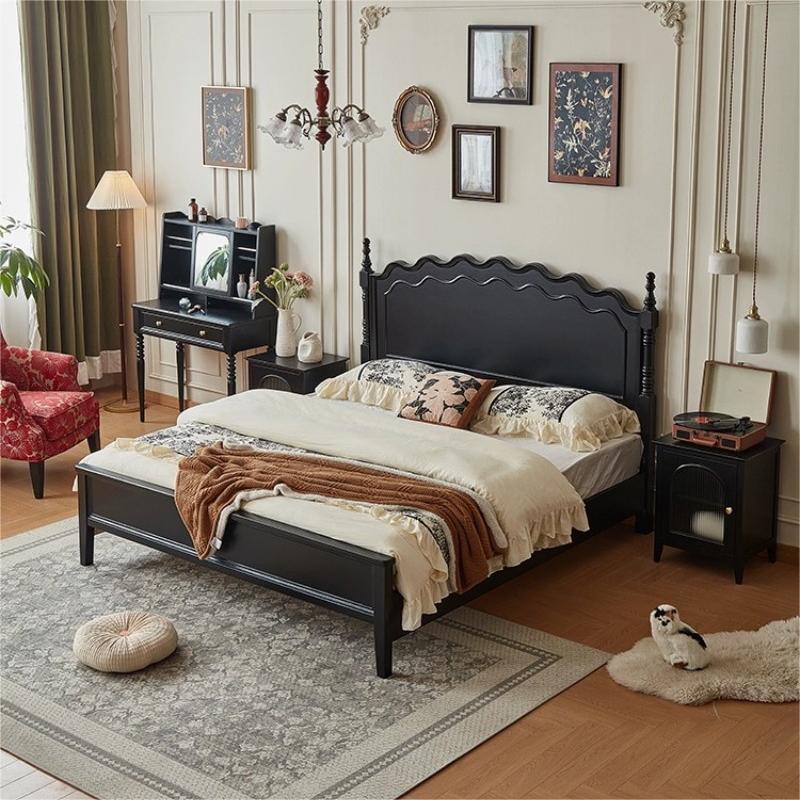 Cama de madera maciza americana negra retro 1.8m cama doble francesa dormitorio principal cama de almacenamiento estilo medieval Leia cama queen image 5