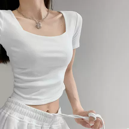 辣妹修身方领打底衫夏季短款纯欲露脐高腰T恤纯色显瘦短袖上衣女