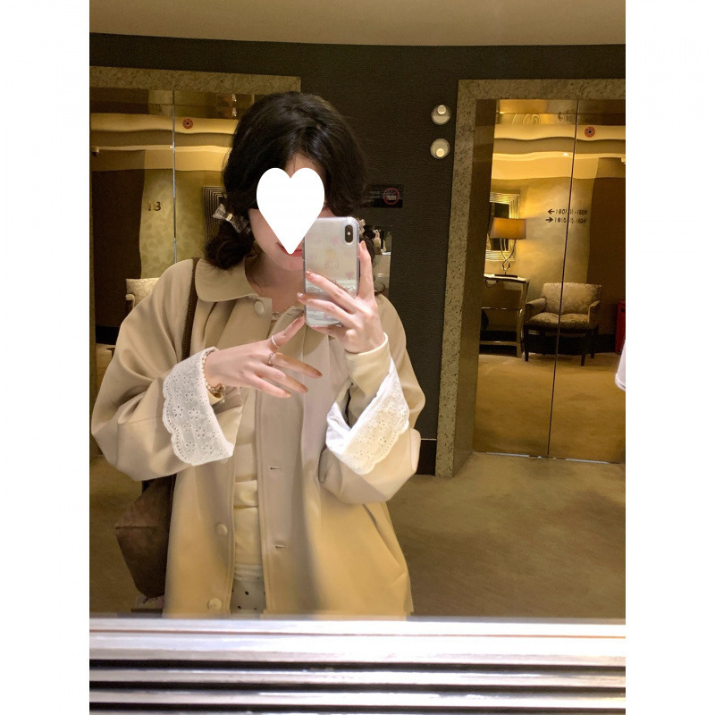 现货长岛恋人袖口花边拼接风衣外套女秋翻领大衣秋季新款|undefined
