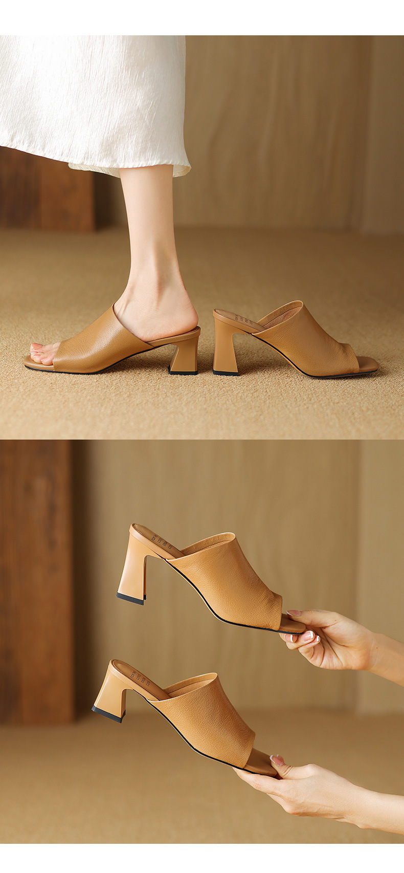 Sandal cao gót nữ hở mũi quai ngang da bò đục lỗ, gót 7 cm — Đen và cao 7 cm chi tiết 11