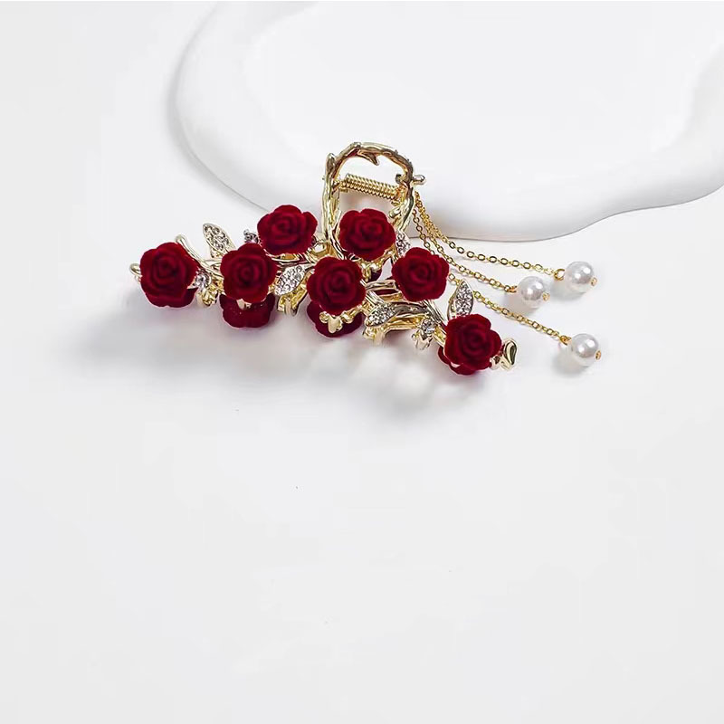 Hairpin for Women, Vintage Rose Camellia Pearl Tassel Claw Clip, Rose Flower Autumn Vintage Style