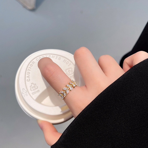 Open adjustable zircon leaf ring for women ins trendy fashion simple personalized design index finger ring bracelet