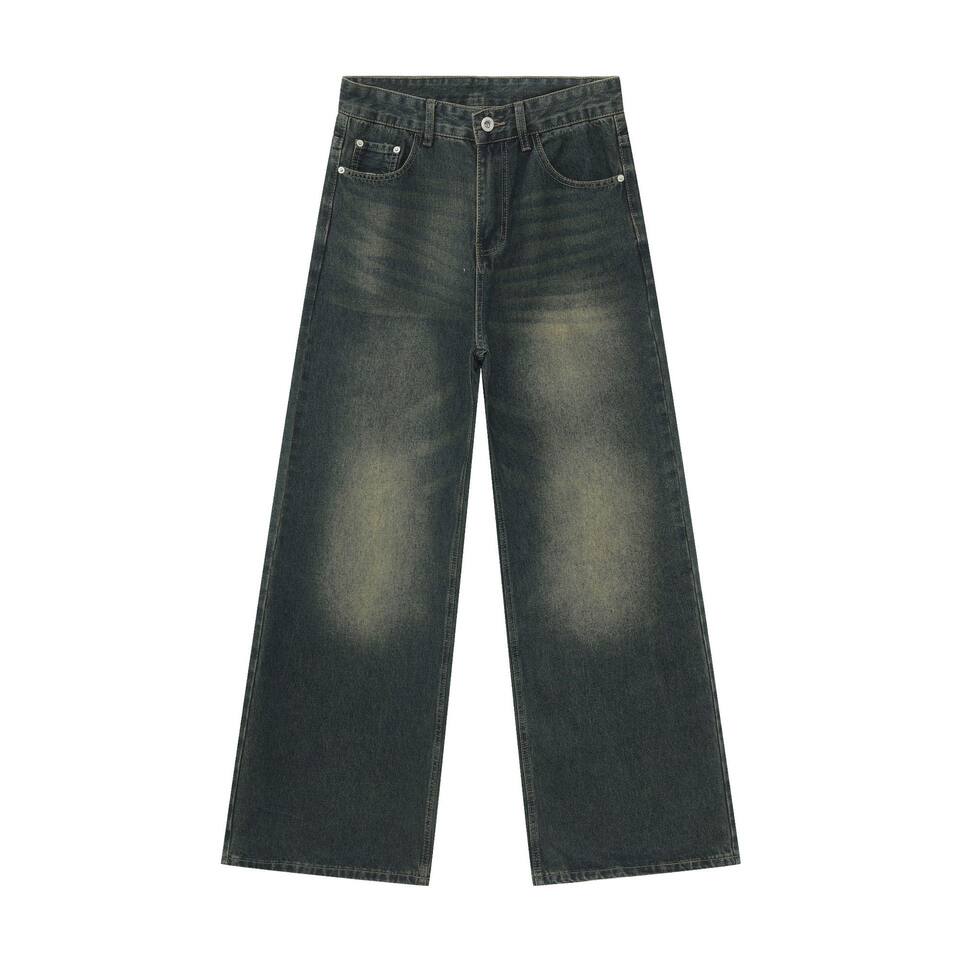 Quần jean nam dáng rộng ống suông phong cách retro, giặt mài, cạp vừa, dài quần — Quần jean đen, Xanh lam cũ, màu đen