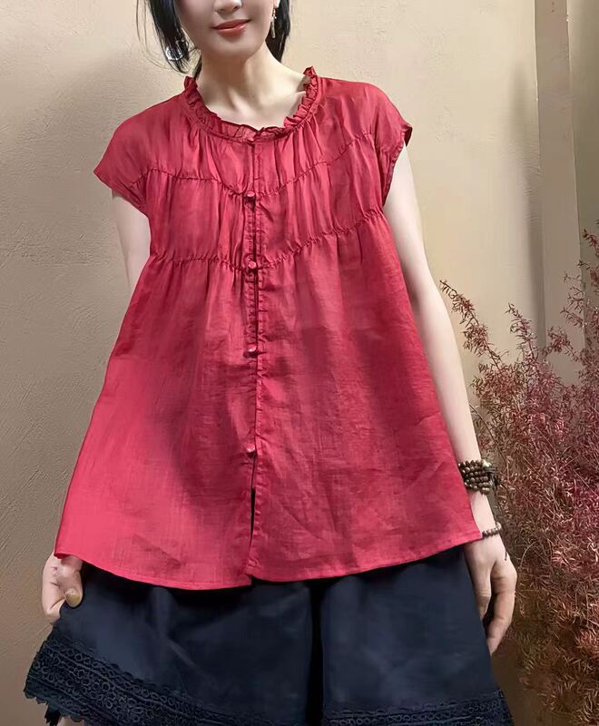 Ramie Flutter-Sleeve Shirt 2026 Summer New Style Lightweight Lace Collar Babydoll Blouse Short-Sleeve Top for Women 2636