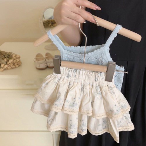Korean children's clothing 24 summer girls' suit French sweet hollow knitted camisole bud skirt for small and medium-sized children