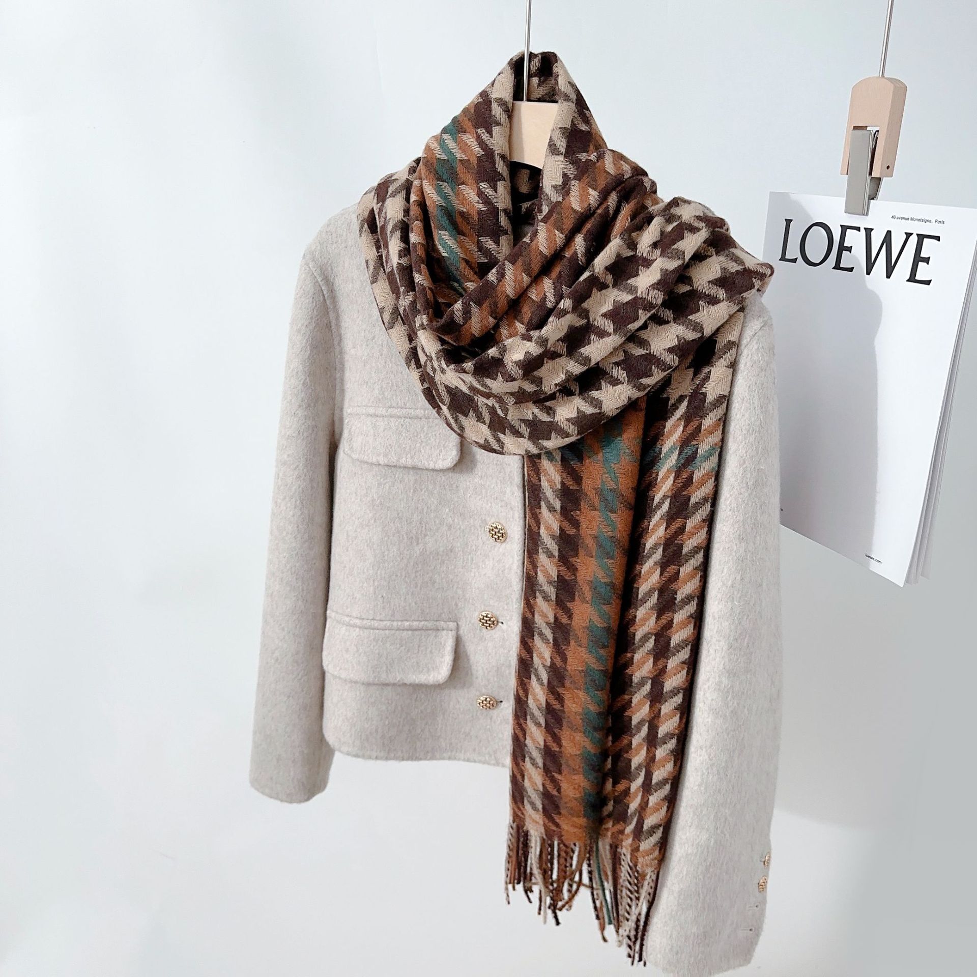 Colores contrastantes bufandas de cuadrillas de pájaros mujeres otoño y invierno imitación de cashmere coreana versátil estudiantes gruesos collar calentamiento velo sopa image 13