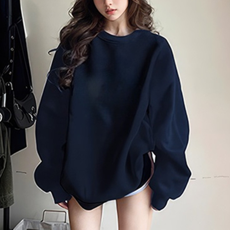 Hong Kong Style Ins Style Black Slim Round Neck Long-Sleeved T-Shirt for Women, Loose Sweatshirt with Inner Top