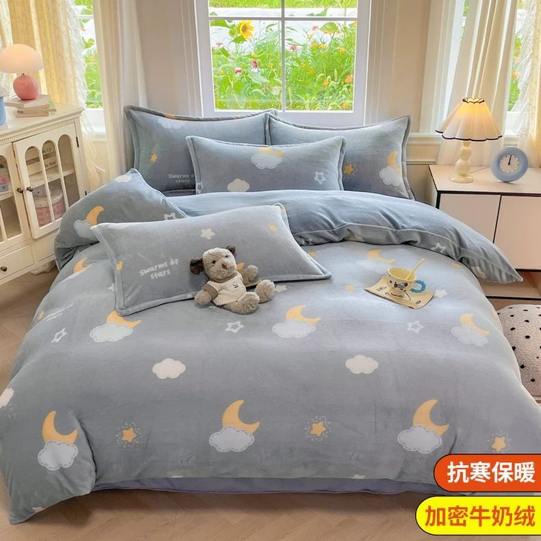 2025 nuevo conjunto de ropa de cama de lana de leche de cuatro piezas en invierno para engrosar el conjunto de sábanas de lana de coral cubierta