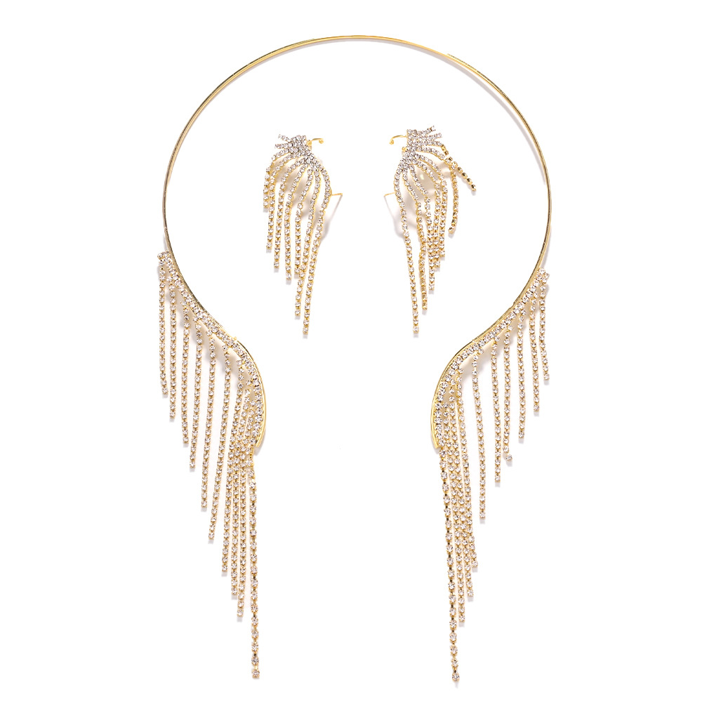 Amazon venta caliente set de joyería frillera simple clavícula de diamante pendientes de moda set de joyería mujer