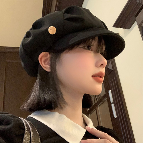 Black Pleated Bucket Hat for Women - Spring and Autumn Korean Style, Versatile, Face-Smoothing, Cloud Pattern Hat, Retro Large Brim Octagonal Hat