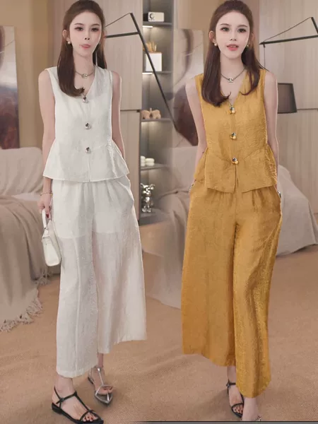 Fashionable and Stylish Casual Suit for Women, Summer Thin Style, 2026 New Model, V-Neck Sleeveless Vest, Slimming Wide-Leg Pants Two-Piece Set