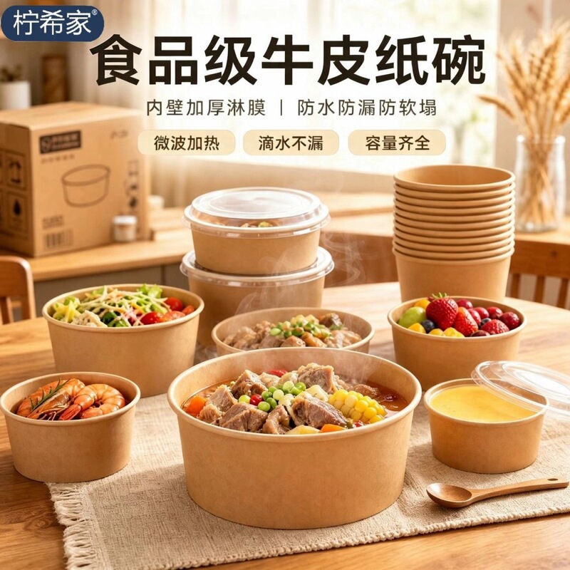 1000 model disposable kraft paper instant noodle bowl, no-wash, with lid, thickened, round lunch box for picnic and camping 1000 model disposable kraft paper instant noodle bowl, no-wash, with lid, thickened, round lunch box for picnic and camping